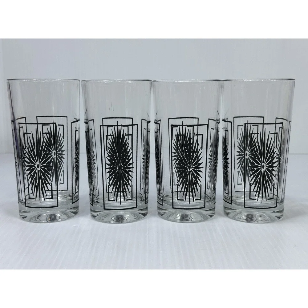 4 Vintage Atomic Mid Century Modern Black Starburst Drinking Glass Tumbler